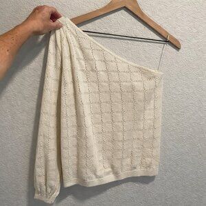 Future Collective One Shoulder Knit Top Pointelle Cream Sweater M NWT